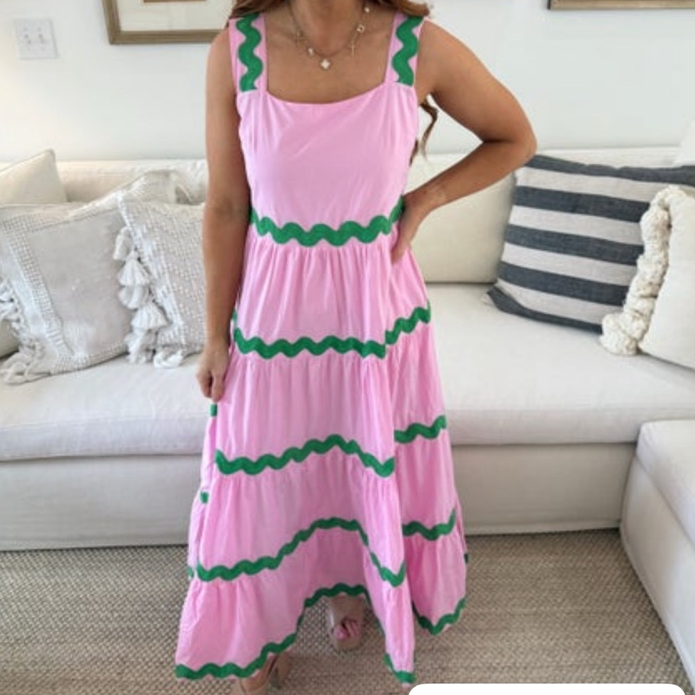 Pink and Green Ruffled Maxi Dress